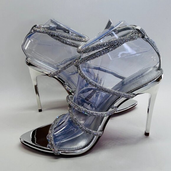 Steve Madden Struts Heels Size 8M Clear Rhinestone Stiletto Silver Sandals - Picture 9 of 16